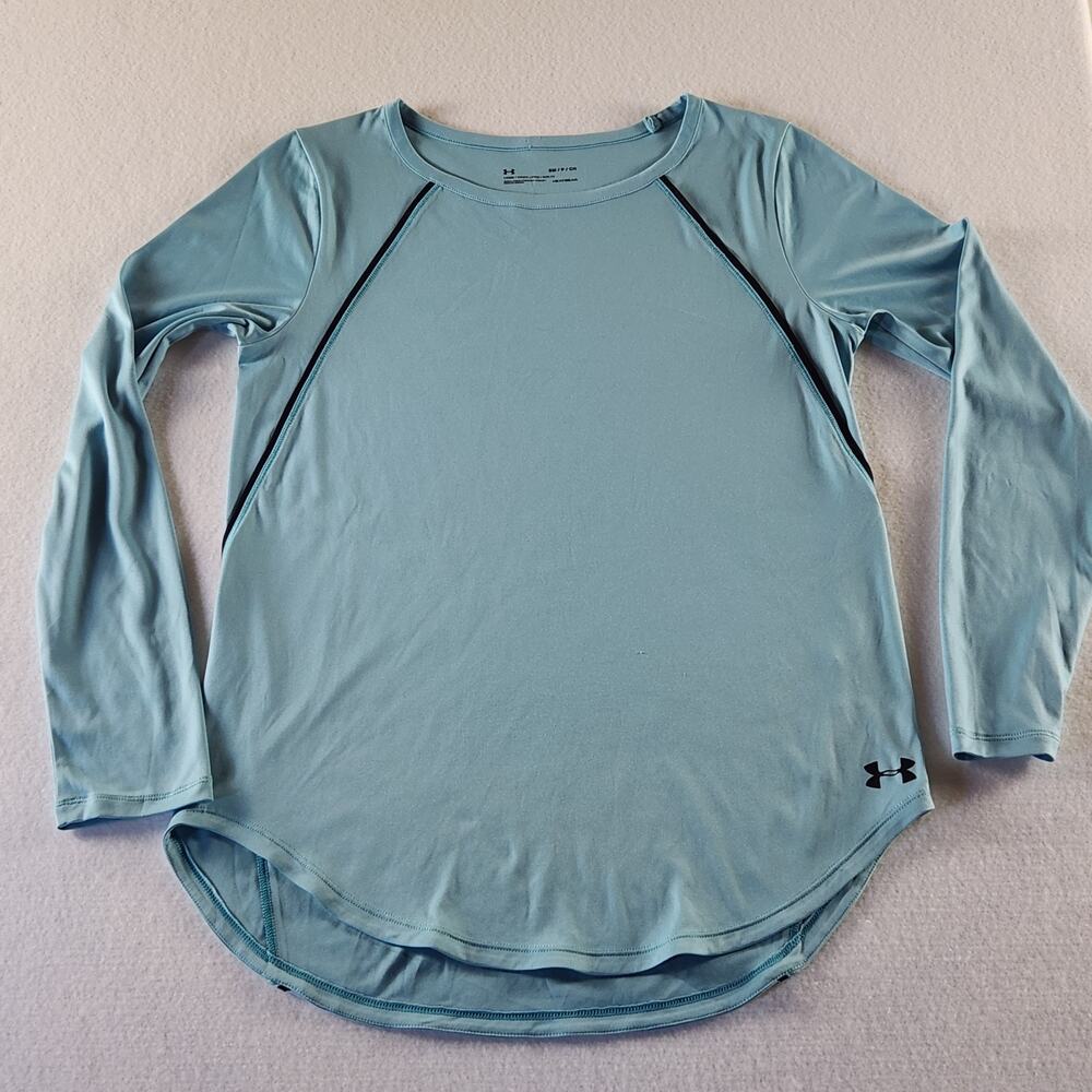 Under Armour Womans Loose T Shirt Long Sleeve V Neck S Blue/Blk Trim Heat Gear